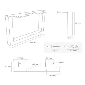 Technische Zeichnung der HEVVA Möbelfüße GRAZ, 10 cm hoch, 30 cm tief, mit Maßen, Schrauben und Anti-Rutsch-Pads.