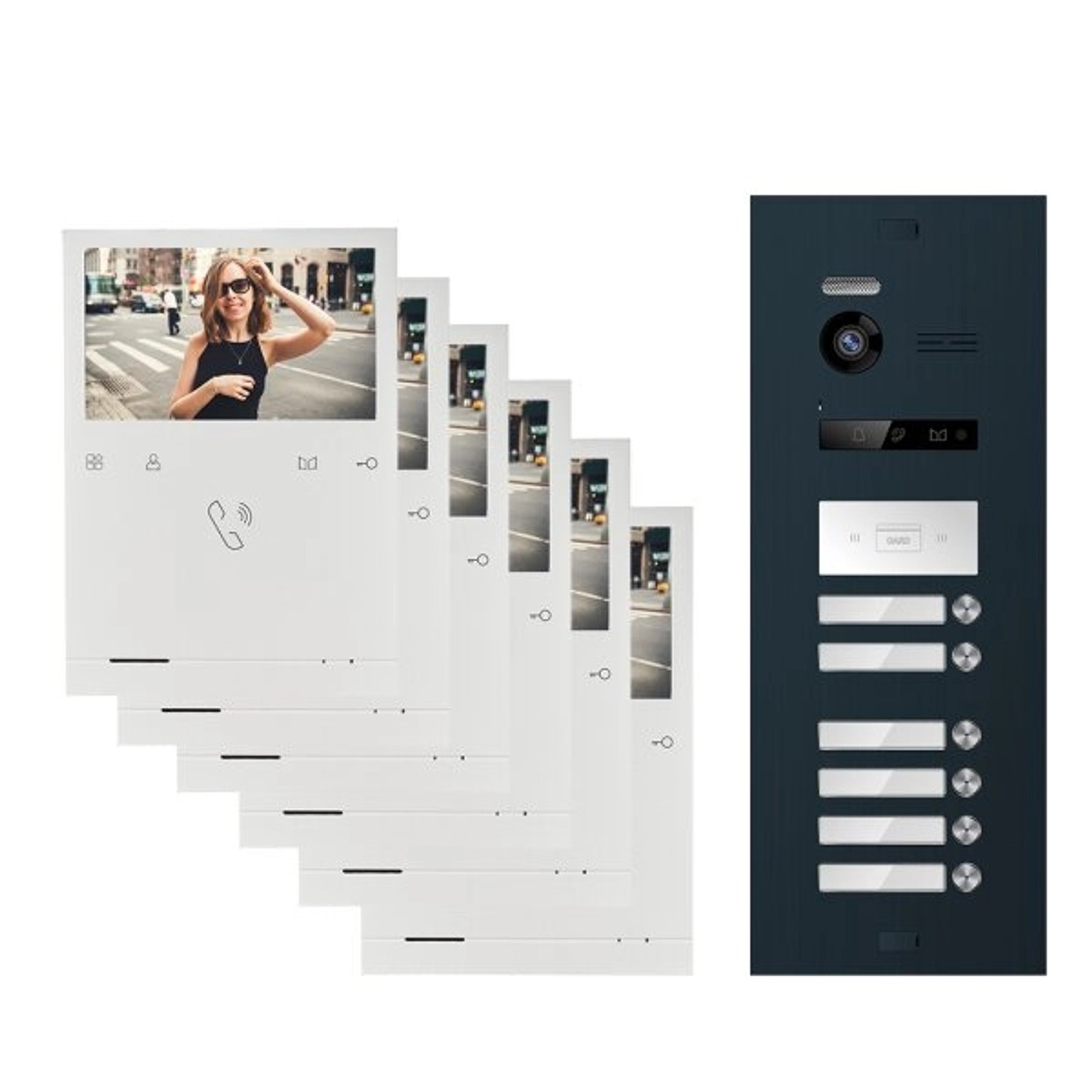 Balter Evo Quick Video Türsprechanlage für 6 Familienhaus mit 6x 4,3 Zoll Monitor 2-Draht Bus Anthrazitgrau