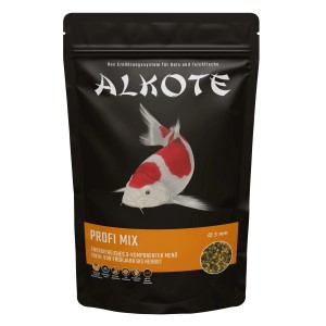 Alkote Fischfutter Profi Mix, 500g Packung mit Koi-Motiv. Sticks & Pellets für gesunde Fische.