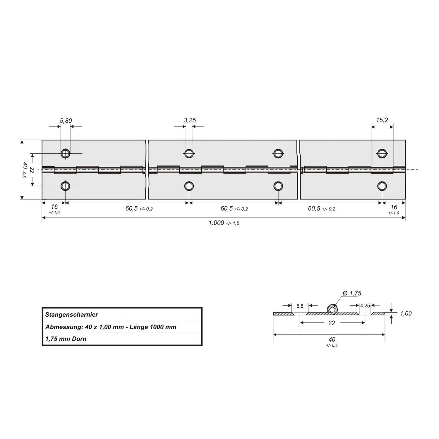 Technische Zeichnung: SOTECH Stangenscharnier, 1000x40x1 mm, Edelstahloptik, Maße und Details.
