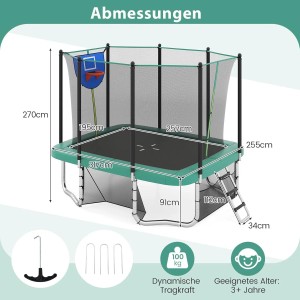 Grünes rechteckiges Costway Gartentrampolin mit Basketballkorb, Sicherheitsnetz und Leiter. Abmessungen 317x255x270 cm.