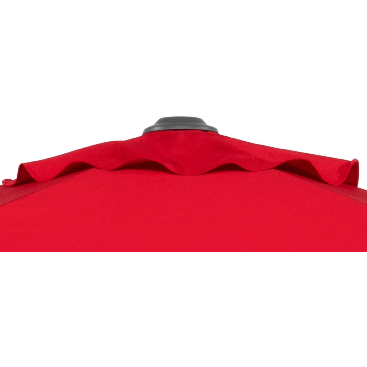 Detailaufnahme: Roter Schneider Marktschirm mit Knickfunktion, Stoffdach und grauer Spitze.
