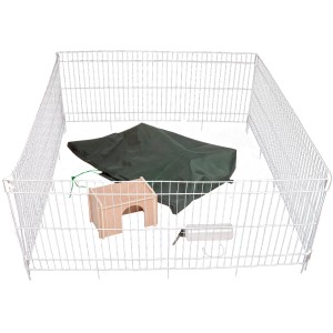 Dobar Freilaufgehege-Set, 4-eckig, mit Schutznetz, Holzhaus und Trinkflasche.