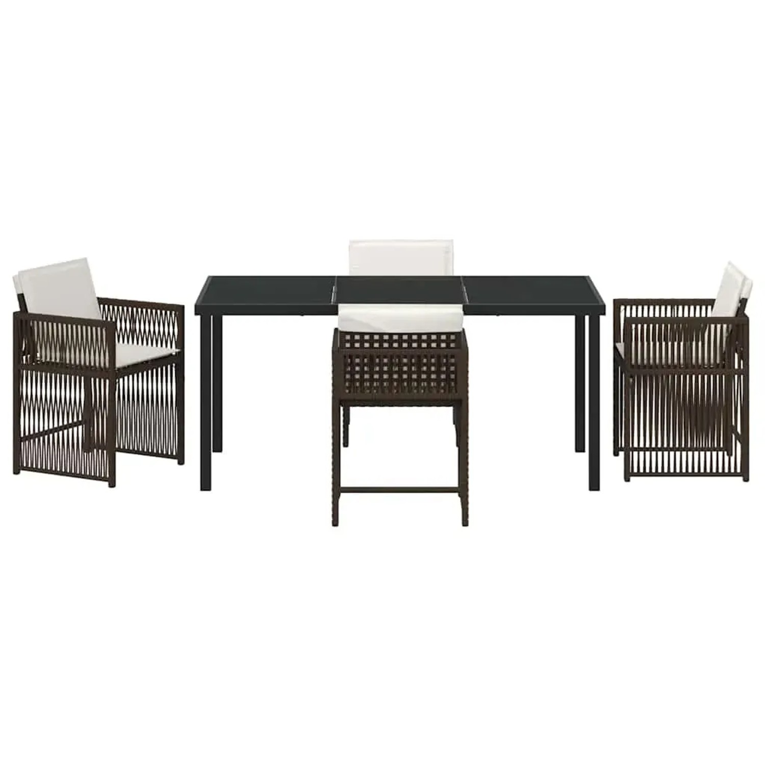 Braune 5-tlg. vidaXL Garten Essgruppe aus Poly Rattan mit Tisch und Stühlen.