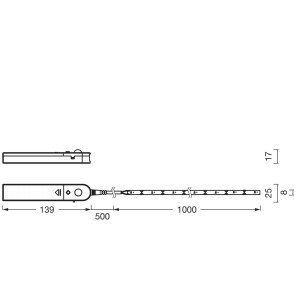 Technische Zeichnung Osram LED-Streifen Flex mit Bewegungssensor und Maßangaben.