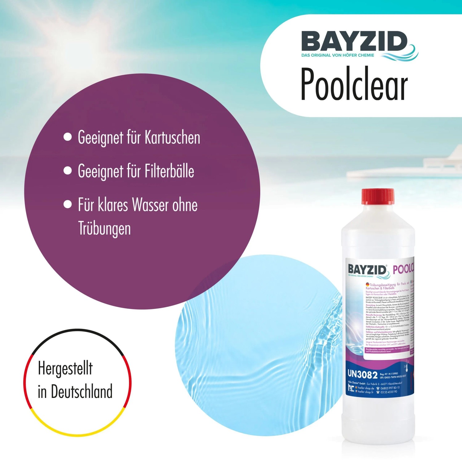 Bayzid Poolclear Trübungsbeseitigung für Kartuschen & Filterballs, 3 x 1l Flasche.