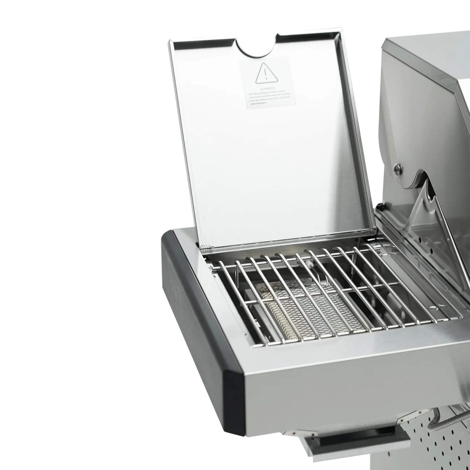 Detailaufnahme: Taino Platinum Yamara Gasgrill Seitenbrenner mit geöffneter Haube aus Edelstahl.