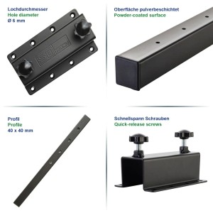 Details der SOTECH Tischplattenverlängerung: schwarzes Metallprofil, pulverbeschichtet, mit Knebelschrauben und Montageset.