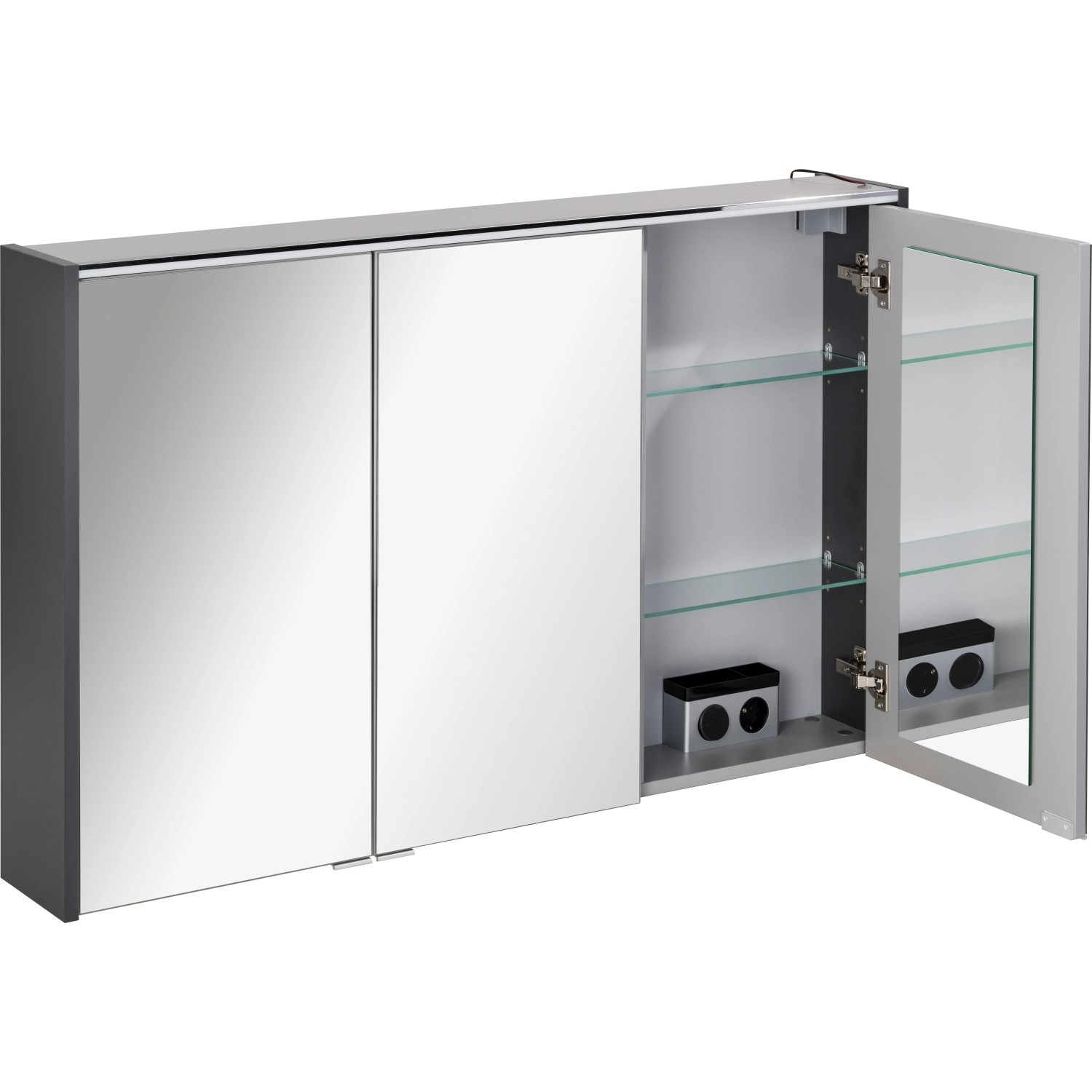 Fackelmann Spiegelschrank Denver, 110 cm, Anthrazit, mit Softclose-Türen und Glasböden.