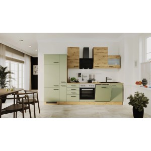 Moderne Flex-Well Küchenzeile Cara in Schilfgrün/Artisan Eiche mit E-Geräten und Spüle.