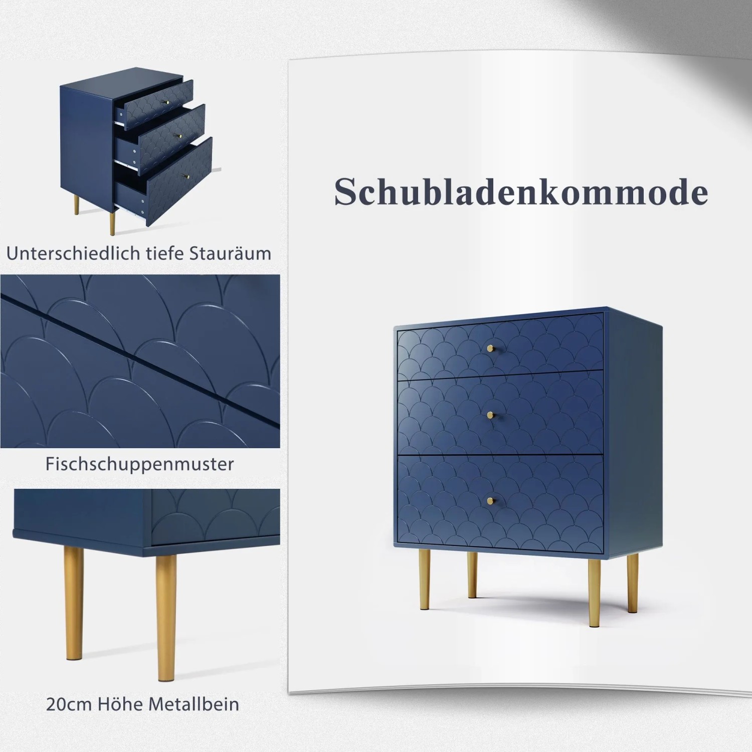 Marineblaue Schubladenkommode mit 3 Schubladen, Fischschuppenmuster und goldenen Metallbeinen. Ideal für Wohnzimmer.