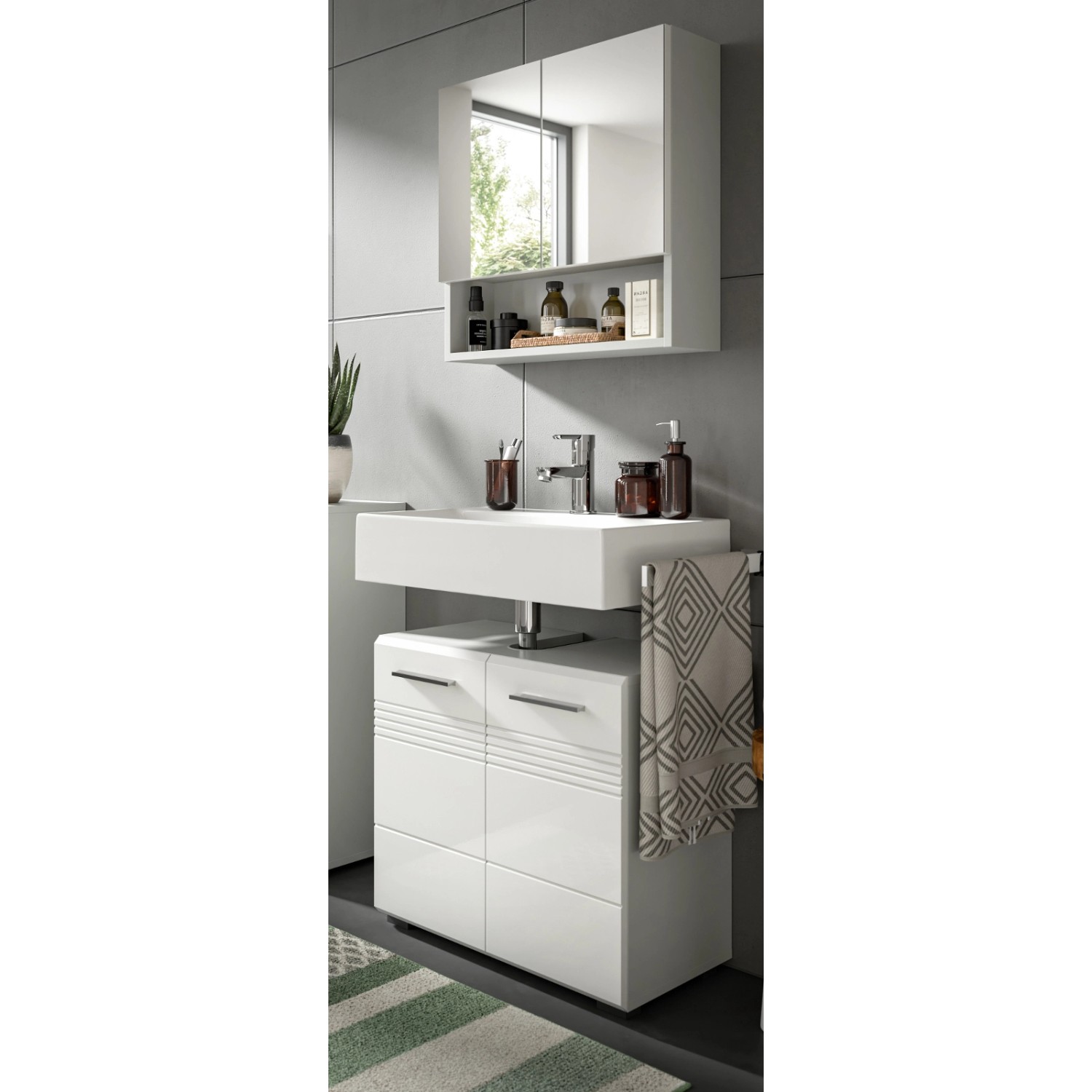 Inn.Furn Badmöbel-Set Weiß Hochglanz Grau 60 cm 2-teilig mit Soft-Close Car günstig online kaufen