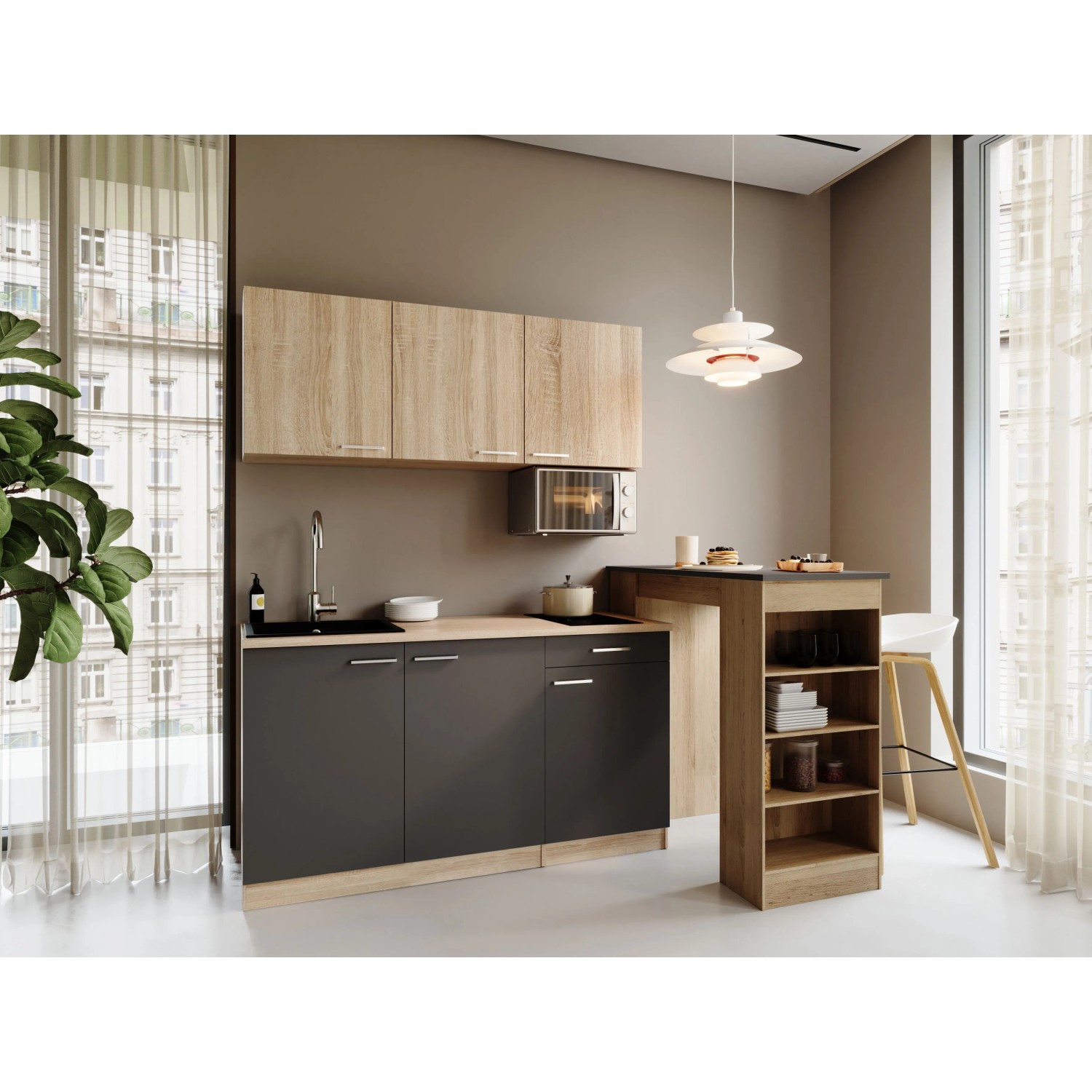 Respekta Ingrid Singleküche 150 cm Grau inkl. Mikrowelle mit Bartisch