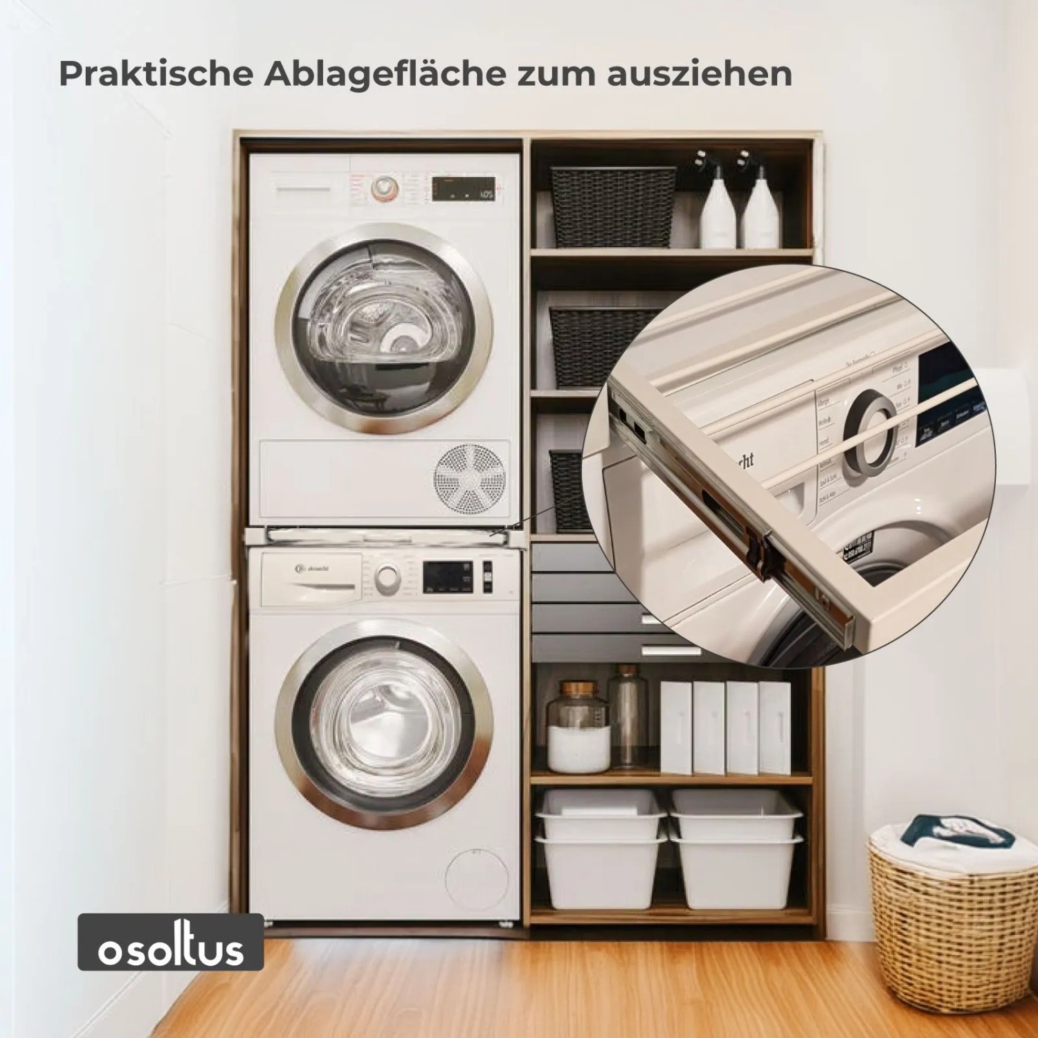 osoltus Verbindungsrahmen mit Auszug zwischen Waschmaschine und Trockner für mehr Platz.