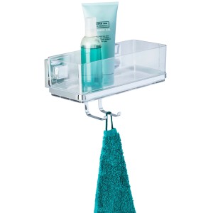 Wenko Vacuum-Loc Wandablage Quadro mit Haken aus Edelstahl, mit Duschgel und Handtuch.