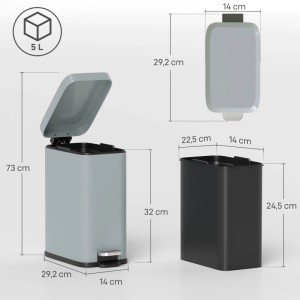 HOMCOM Mülleimer 5L mit Deckel und Fußpedal Inneneimer Metall Grau 29,2x14x32cm