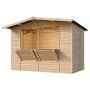 Timbela Marktbude M150 aus Holz, 6,03 m² mit zwei Theken und Stauraum.