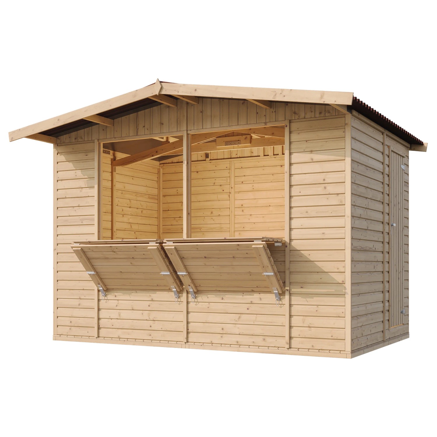 Timbela Marktbude M150 aus Holz, 6,03 m² mit zwei Theken und Stauraum.