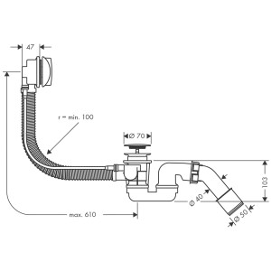 Technische Zeichnung: Hansgrohe Flexaplus Ab- und Überlaufgarnitur für Normalwannen, Chrom.