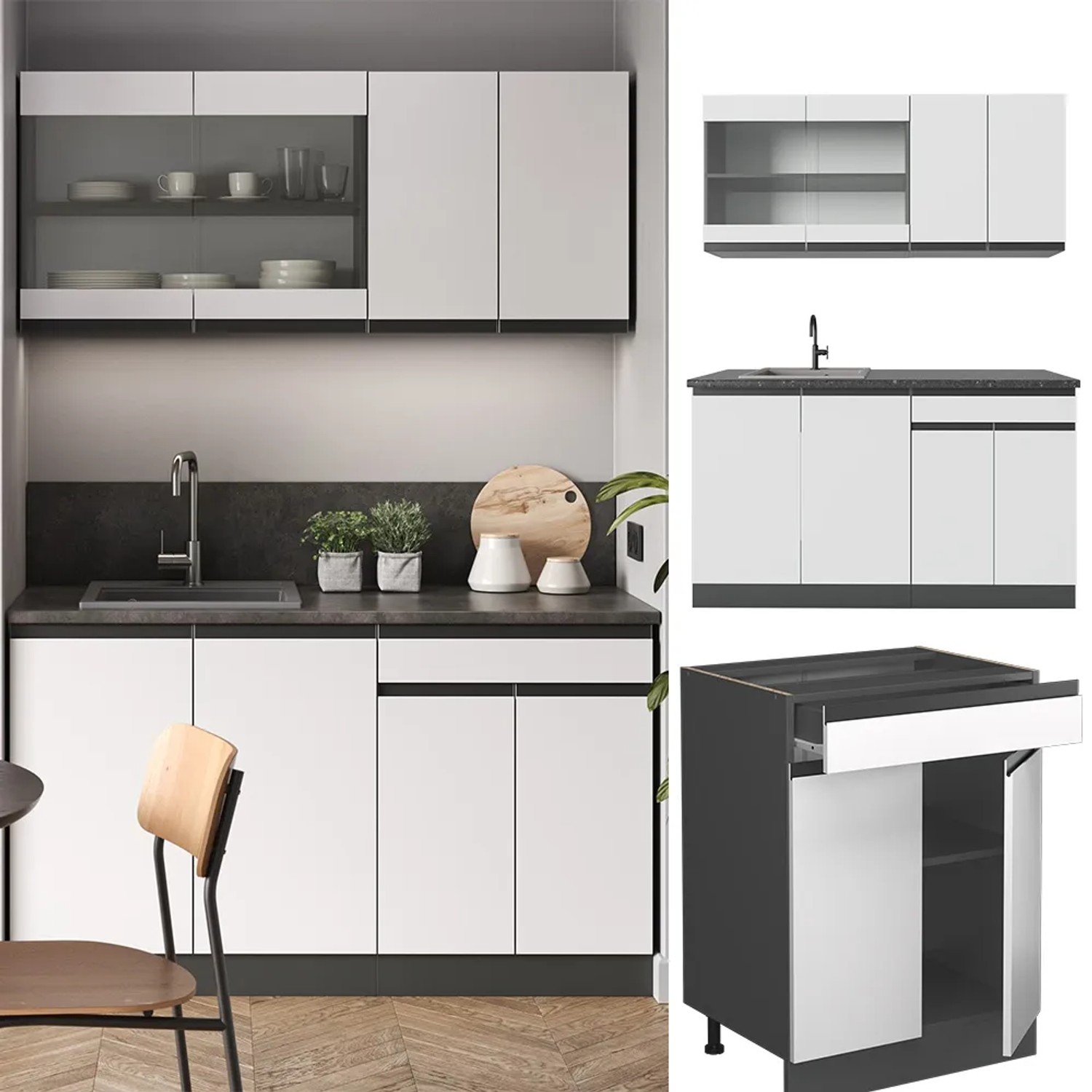 Vicco R-Line Singleküche, 140 cm, Weiß/Anthrazit mit Eiche Arbeitsplatte.