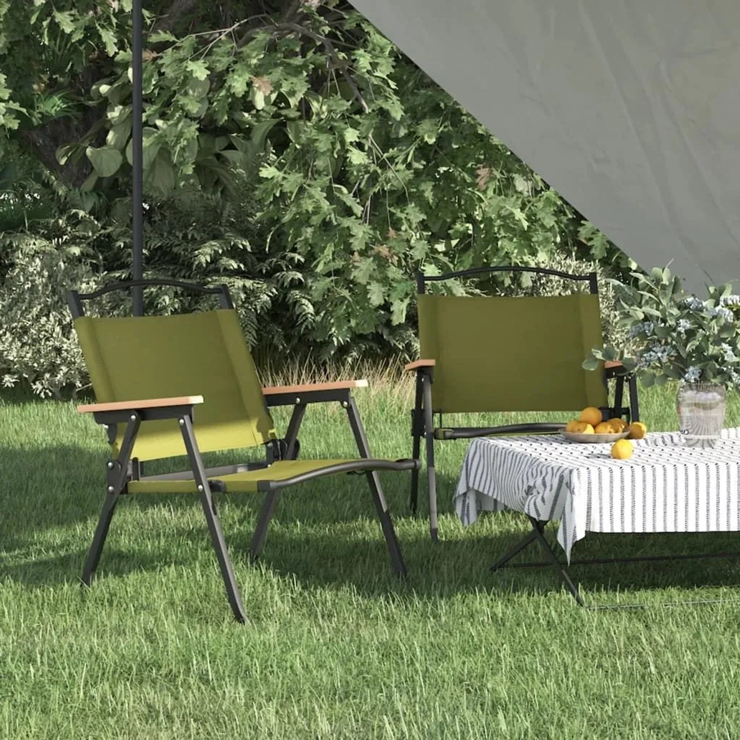 Grüne Furnicato Campingstühle (2 Stk.) auf Rasen. Klappstühle für Camping & Outdoor.