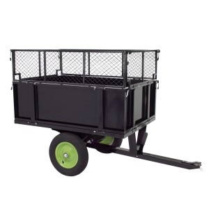 Schwarzer TRUTZHOLM Rasentraktor Anhänger, 300 kg, kippbar mit Gitteraufsatz.