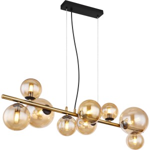 Moderne Globo LED-Pendelleuchte Riha mit 9 amberfarbenen Glaskugeln und schwarz-matter Halterung.