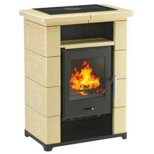 Wamsler Montafon Kaminofen, Keramik Creme, 7 kW. Zeitbrandofen mit Scheibenspülung.