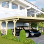 Karibu Doppelcarport Classic aus Holz mit Stahl-Dacheindeckung und Auto.