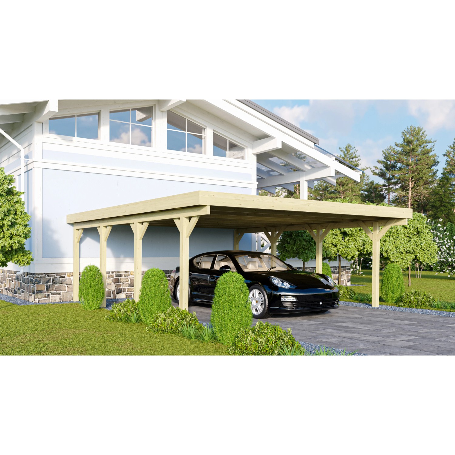 Karibu Doppelcarport Classic aus Holz mit Stahl-Dacheindeckung und Auto.