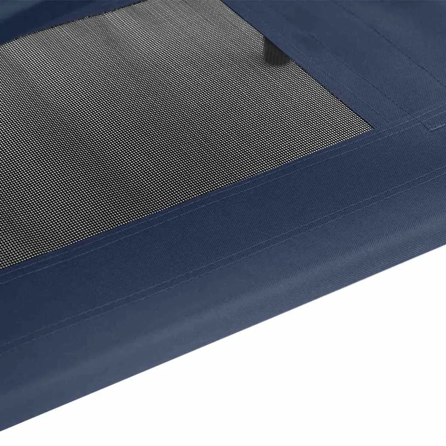 Detailaufnahme: Marineblaues vidaXL Hundebett aus Stahl mit Netzgewebe.