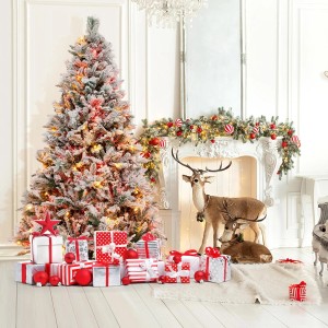 Weiß beflockter künstlicher Weihnachtsbaum, 180cm, mit 8 Lichtmodi, bunten LEDs und Geschenken.