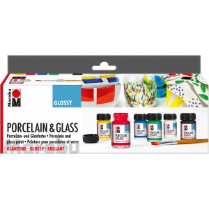 Marabu Starter-Set Porcelain & Glass Glossy, 7-teilig mit Farben und Pinsel.