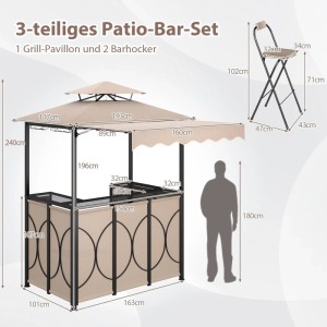 Costway Grillpavillon mit Bar und 2 Barhockern Doppeldach & Markise Braun