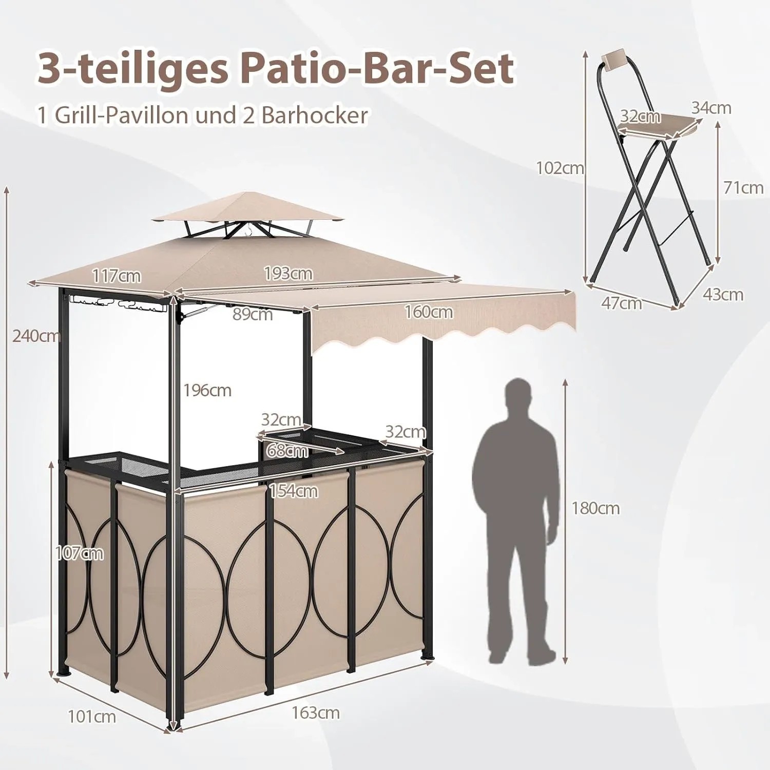 Costway Grillpavillon mit Bar und 2 Barhockern Doppeldach & Markise Braun_3