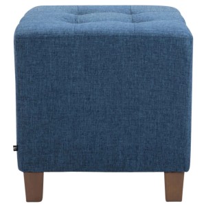 Blauer Stoff-Sitzhocker Pharao mit gesteppter Sitzfläche und kurzen Holzfüßen. Moderner Polsterhocker.