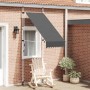 Anthrazitfarbene, handbetriebene Markise (100 cm) am Haus mit Sessel.
