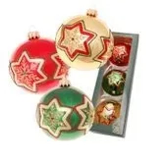 Christbaumkugeln Set: 3 Glas-Weihnachtskugeln (rot, grün, gold) mit Sternen, Ø 8 cm.
