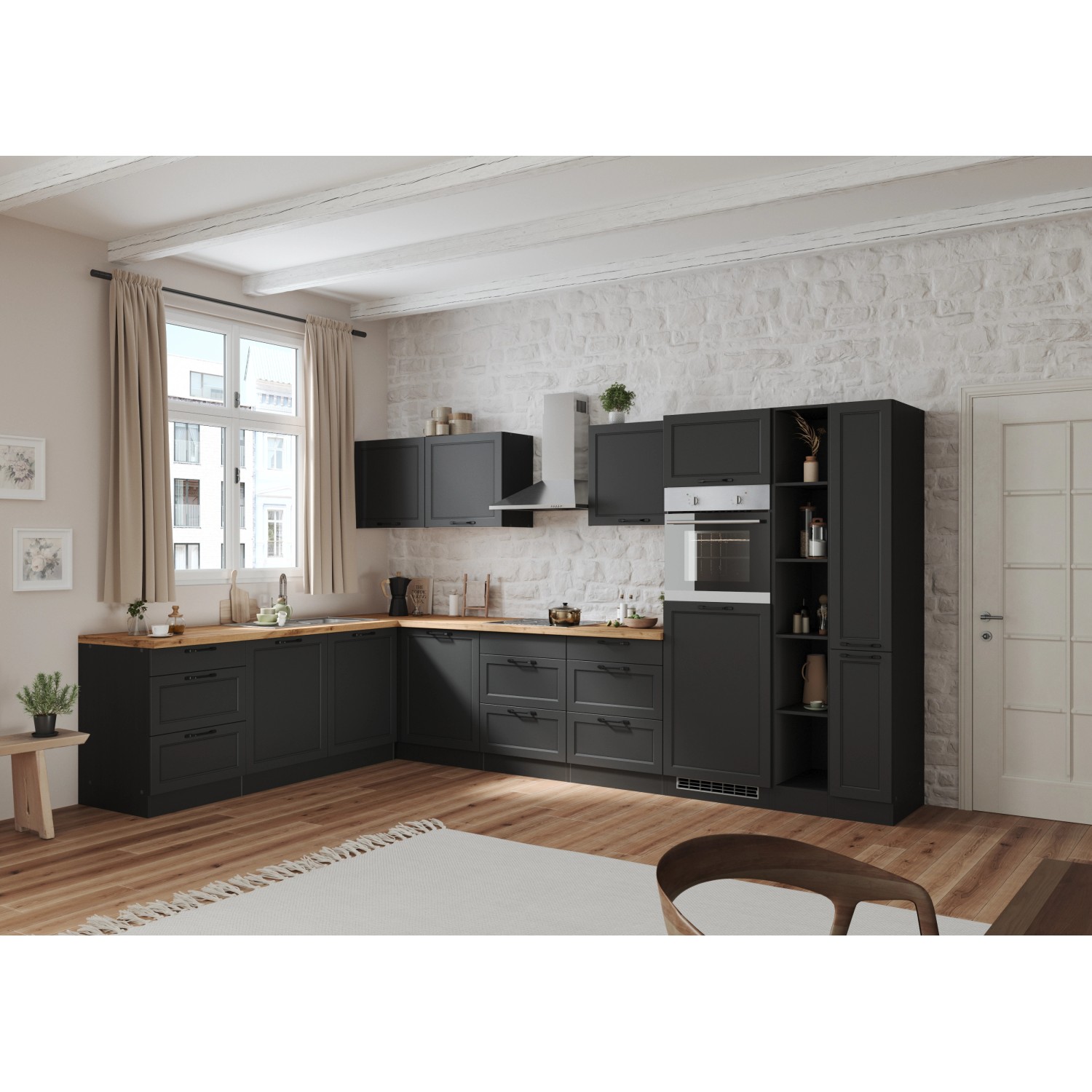 Moderne Winkelküche Kempten in Grau/Graphit (360 cm) ohne E-Geräte.