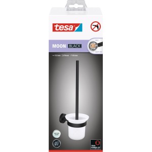 Tesa WC-Bürstenhalter Moon, schwarz matt, mit Glasbehälter und Klebelösung im Karton.