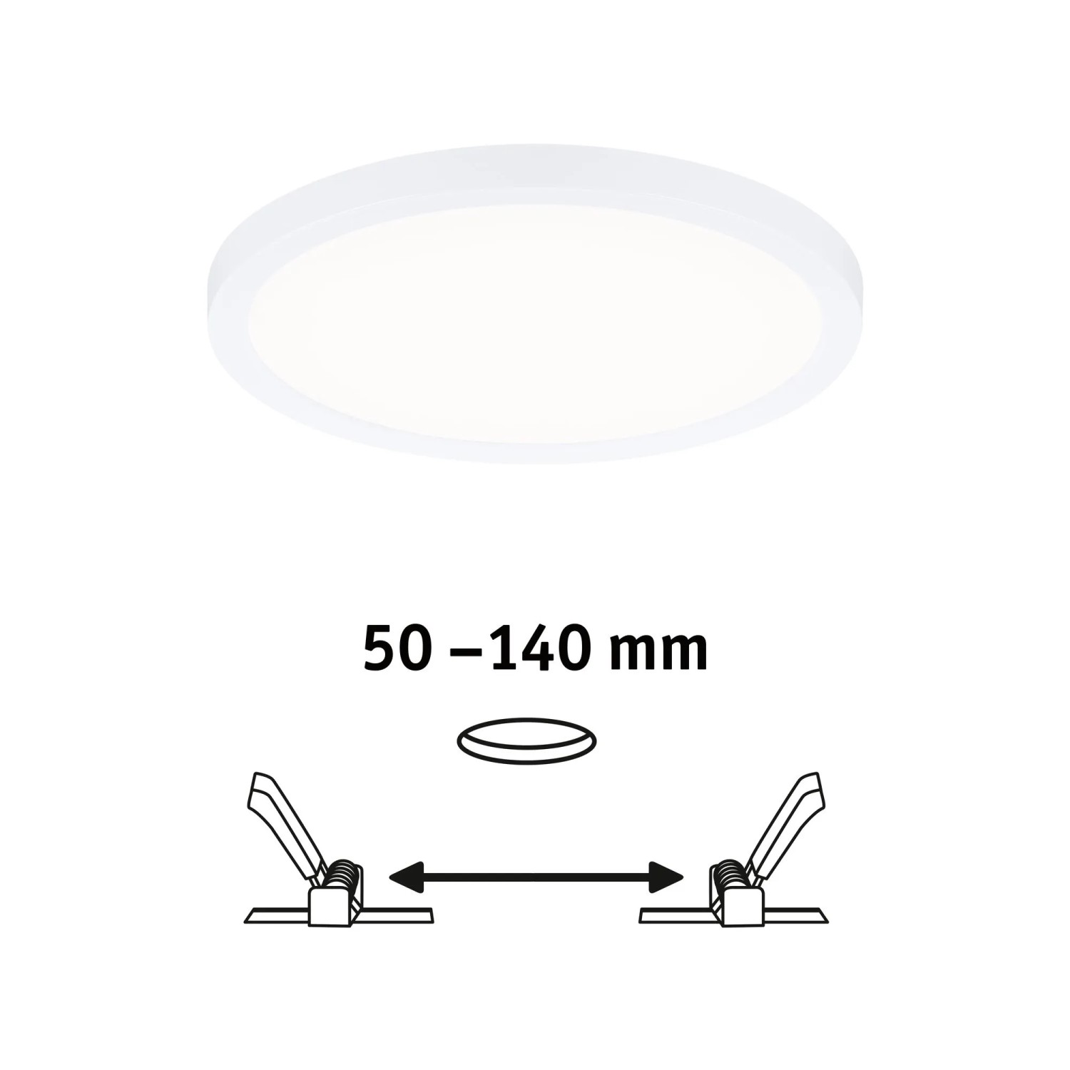 Weißes Paulmann Einbaupanel Areo VariFit IP44, 13W, 4000K, 175mm, aus Kunststoff, mit flexiblen Klemmfedern.