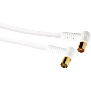Weißes Schwaiger Antennenkabel (3m) mit abgewinkeltem Stecker für Kabelfernsehen.