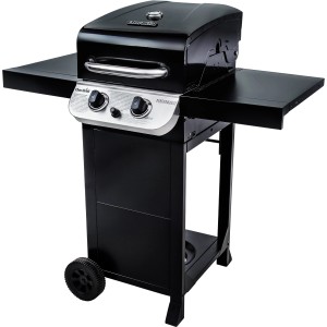 Schwarzer Char-Broil Gasgrill Convective 210 B mit zwei Brennern und Ablageflächen.