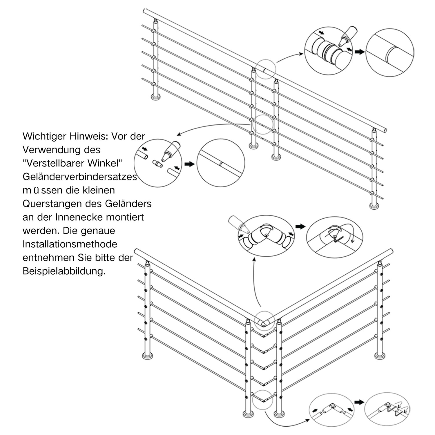 AICA Geländerverbinder Set 304 Edelstahl Winkelverstellbar Für 3 Querriegel_6