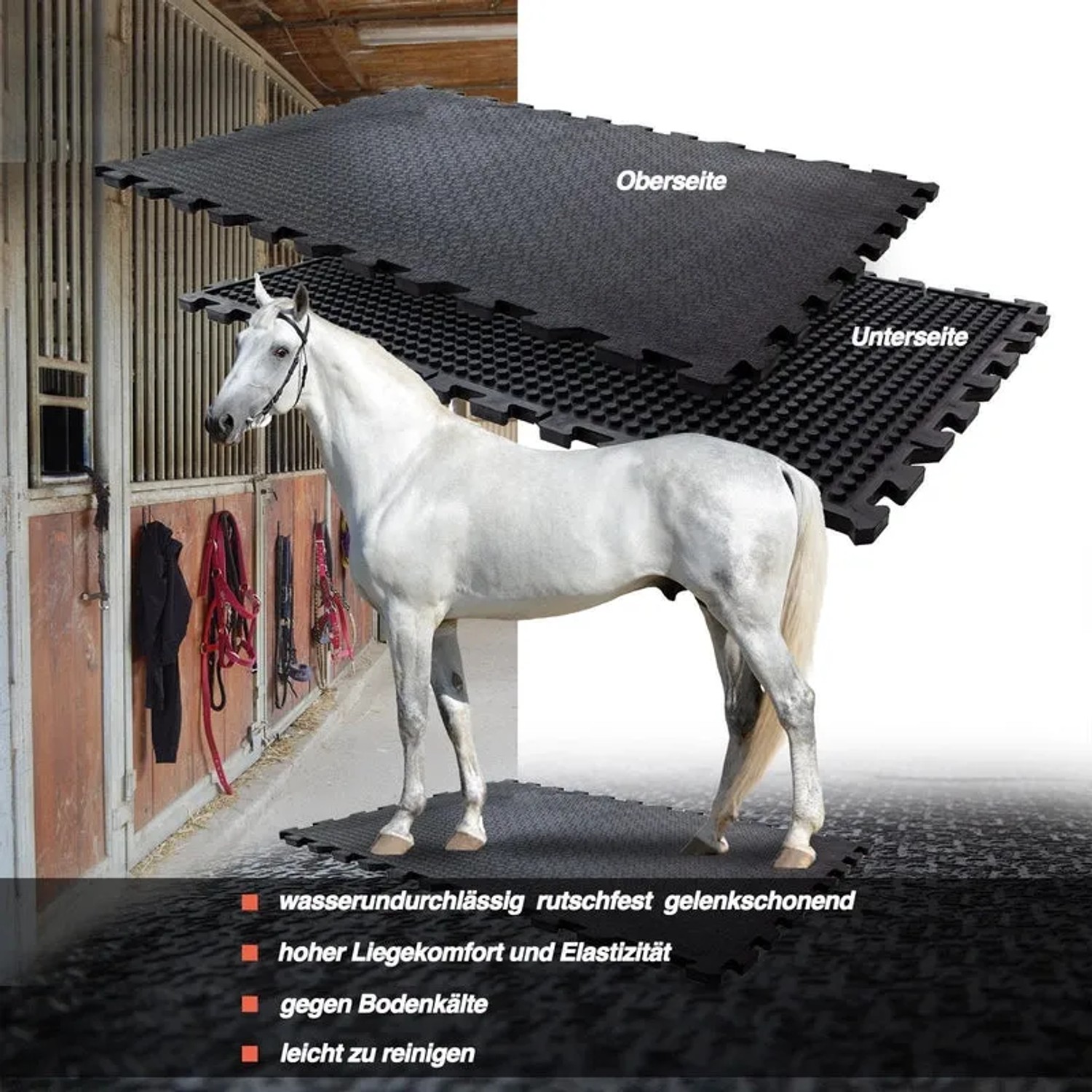 KARAT Stallmatte aus Gummi mit Pferd im Stall, wasserbeständig, 120x80 cm.