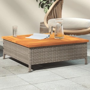 Grauer vidaXL Gartentisch (70x70 cm) aus Rattan und Akazienholz.