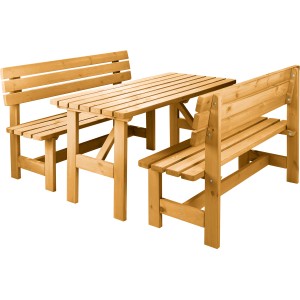 3-teiliges Gartenmöbel-Set Robusto von Wilk, honigbraun, aus FSC-zertifiziertem Kiefernholz: Tisch und zwei Bänke.