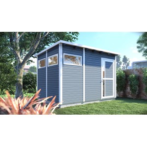 Graues Bertilo Gartenhaus Pentus 3 aus Holz mit Flachdach und Fenster im Garten.