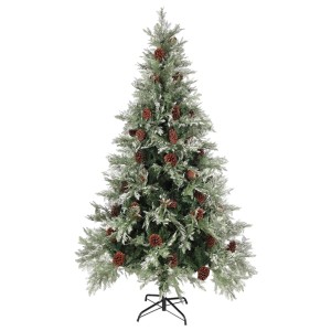 Grün-weißer, künstlicher Weihnachtsbaum (195 cm) mit Zapfen auf Stahlständer.