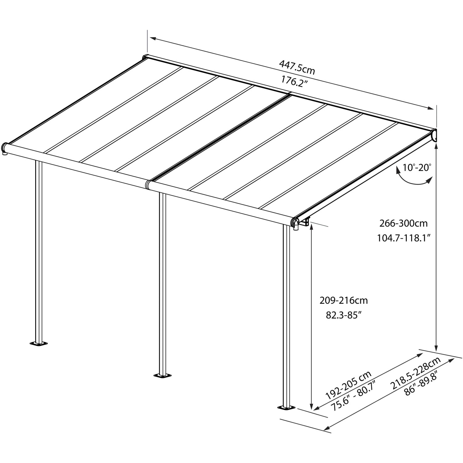 Technische Zeichnung: Palram Terrassendach Sierra, 447x230 cm, grau, mit Maßangaben.